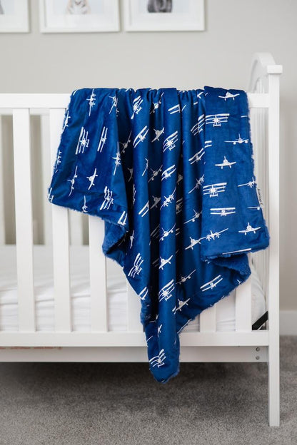 Airplanes Take Flight Navy Baby Blanket